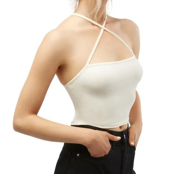 WeWoreWhat Strappy Halter Neck Tank Top In Ivory Crisscross Crop Square Neckline - Picture 8 of 8
